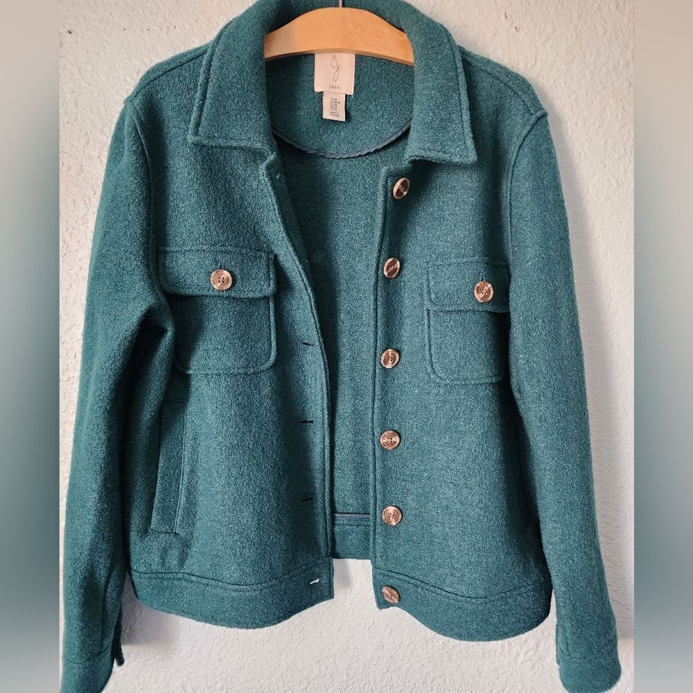Joie Teal Utility Jacket with Wood Button Accents
